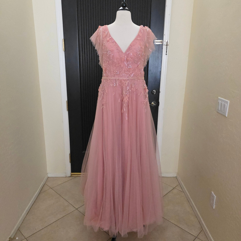 Mac Duggal Formal Pink Maxi Beaded Dress 11224 Tulle Salmon Flowers Gown 16 - Picture 2 of 14